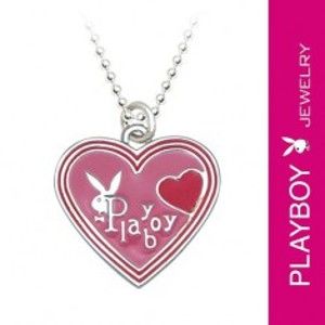 Šperky eshop - Náhrdelník PLAYBOY - ružové glazúrované srdiečko so zajačikom S8.4