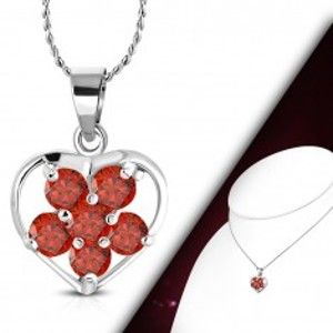 Šperky eshop - Náhrdelník striebornej farby, kontúra srdca, červený zirkónový kvet AA21.01