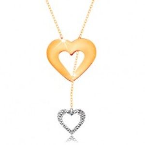Šperky eshop - Náhrdelník v 14K zlate - jemná retiazka, obrys srdca a visiaceho srdiečka GG160.03