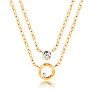 Šperky eshop - Náhrdelník v žltom 14K zlate - dvojitá retiazka, obruč a číry zirkón GG208.10