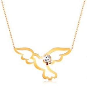 Šperky eshop - Náhrdelník v žltom 14K zlate - lesklý symbol holubice s čírym zirkónikom, retiazka GG15.42