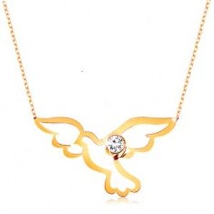 Šperky eshop - Náhrdelník v žltom 9K zlate - lesklý symbol holubice s čírym zirkónikom, retiazka GG194.18