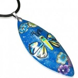Šperky eshop - Náhrdelník z FIMO hmoty - modrý ovál, motýľ Y41.16