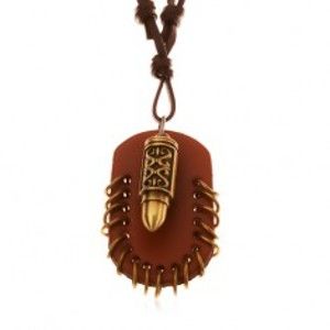 Šperky eshop - Náhrdelník z umelej kože, prívesky - hnedý ovál s krúžkami a náboj Y34.05