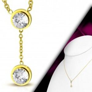 Šperky eshop - Náhrdelník zlatej farby, oceľ 316L, jemná retiazka, dva číre zirkóny v objímkach AA08.09