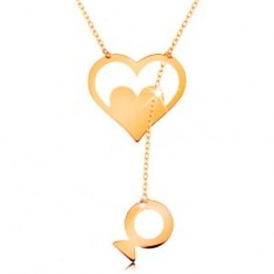 Šperky eshop - Náhrdelník zo žltého 14K zlata - kontúra srdca so srdiečkom a visiacou rybkou GG160.06
