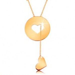 Šperky eshop - Náhrdelník zo žltého 14K zlata - kruh so srdiečkovým výrezom a visiacim srdcom GG160.10