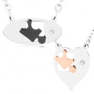 Šperky eshop - Náhrdelníky z chirurgickej ocele pre dvoch, ovál a srdce, dieliky puzzle, zirkón U22.4