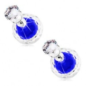 Šperky eshop - Napichovacie náušnice, dve guličky - číra a modrá, zirkón v objímke U30.18
