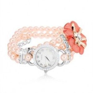 Šperky eshop - Náramkové hodinky, ciferník so zirkónmi, korálkový ružový náramok, kvet Z05.06