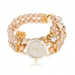 Šperky eshop - Náramkové hodinky, ciferník so zirkónmi, náramok z korálok zlatej farby, kvety Z06.16