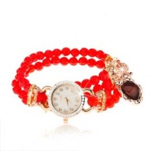 Šperky eshop - Náramkové hodinky, korálkový červený náramok, srdiečko, ciferník so zirkónmi Z19.05
