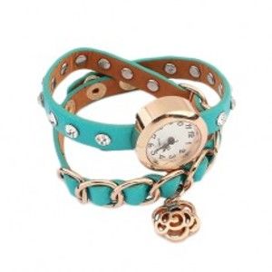 Šperky eshop - Náramkové hodinky, modrozelený remienok, kamienky, retiazka a kvet S79.16