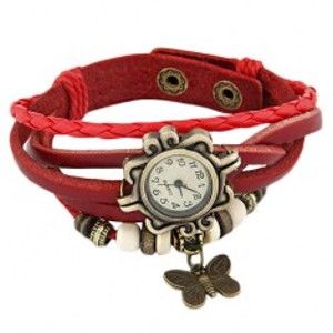 Šperky eshop - Náramkové hodinky, ozdobne vyrezávané, červený pletený remienok, korálky S71.13