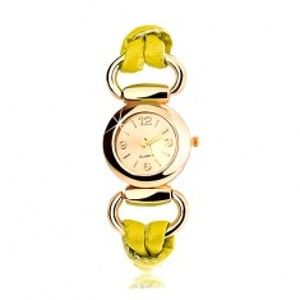 Šperky eshop - Náramkové hodinky, remienok zo žltého latexu, okrúhly ciferník zlatej farby X34.5