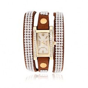 Šperky eshop - Náramkové hodinky, úzky hnedý remienok, priehľadné zirkóniky X36.7