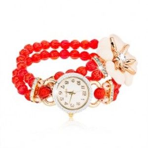 Šperky eshop - Náramkové hodinky z červených korálok, ciferník so zirkónmi, biely kvet so zirkónom Z12.02