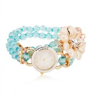 Šperky eshop - Náramkové hodinky z modrých korálok, ciferník so zirkónmi, biely kvet Z10.05