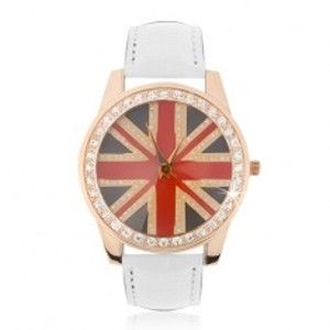 Šperky eshop - Náramkové hodinky z ocele - zlatoružové, britská vlajka, biely remienok Q24.10