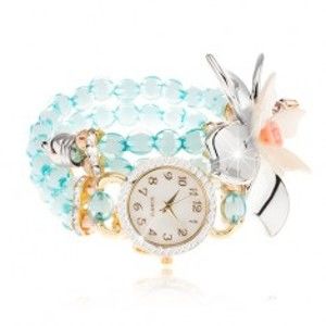 Šperky eshop - Náramkové hodinky z priehľadných modrých korálok, ciferník so zirkónmi, veľký kvet Z05.08