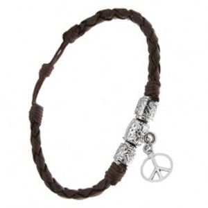 Šperky eshop - Náramok - čokoládovohnedý pletenec, ozdobné valčeky, znak Peace S29.01