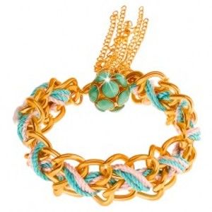 Šperky eshop - Náramok, dvojitá retiazka, modrá a ružová šnúrka, korálky zelenej farby U1.1