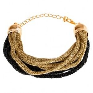 Šperky eshop - Náramok, mäkké pletené vlákna, zlatý a čierny odtieň, karabínka O10.3