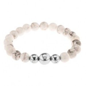 Šperky eshop - Náramok na ruku, bielo-sivé mramorové guličky, oceľové korálky so zirkónom Z41.11