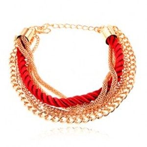 Šperky eshop - Náramok, pletená červená šnúrka, retiazky zlatej farby, karabínka O3.10