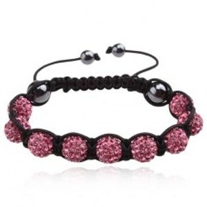 Šperky eshop - Náramok Shamballa - ružové zirkónové guľôčky, čierna šnúrka Q17.8