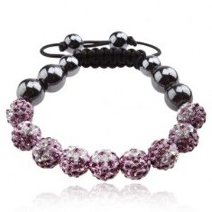 Šperky eshop - Náramok Shamballa, fialové guličky s čírymi kvetmi, hematitové korálky Q18.04