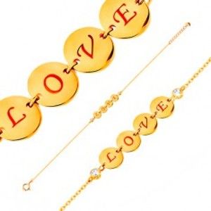 Šperky eshop - Náramok v žltom 14K zlate - štyri lesklé kruhy s nápisom LOVE, zirkóny, 185 mm GG138.02
