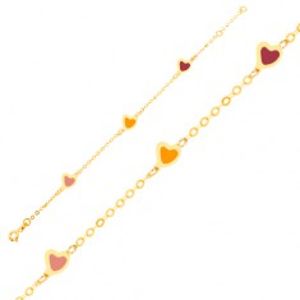 Šperky eshop - Náramok v žltom 9K zlate - farebné glazúrované srdcia, ligotavá retiazka GG01.41