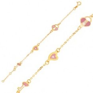 Šperky eshop - Náramok v žltom 9K zlate - lesklá retiazka, prívesky zámky, srdca a kľúča GG06.44