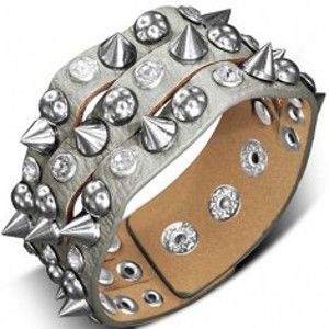 Šperky eshop - Náramok vyrobený z kože - s kovovým špicom, pologuľou a kameňom X37.12