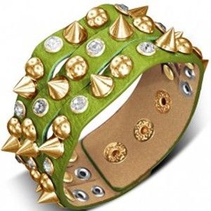 Šperky eshop - Náramok vyrobený z kože - zelený so špicom, pologuľou a kameňom X37.9