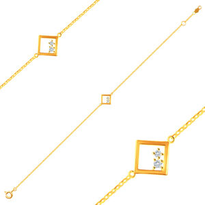 Náramok z 9K žltého zlata - ploché oválne očká, prívesok obrys kosoštvorca s dvoma zirkónmi