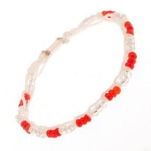 Šperky eshop - Náramok z béžových šnúrok, línia z červených a priehľadných korálok S16.26