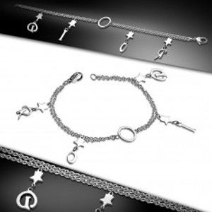 Šperky eshop - Náramok z chirurgickej ocele striebornej farby, dvojitá retiazka, hviezdičky s písmenami AA08.13