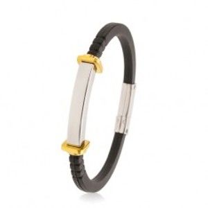 Šperky eshop - Náramok z čiernej gumy, hladká oceľová známka, štvorce a kruhy zlatej farby AB35.01