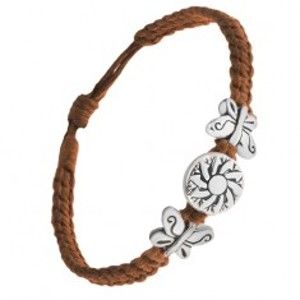 Šperky eshop - Náramok z čokoládovohnedých šnúrok, motýle, známka s kvetom Q21.20