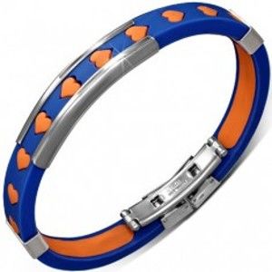 Šperky eshop - Náramok z gumy - modrý s oranžovými srdiečkami a kovovými ozdobami X15.3