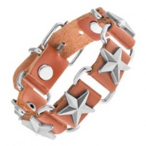 Šperky eshop - Náramok z hnedej syntetickej kože a oceľových oválov, hviezdy Y41.20