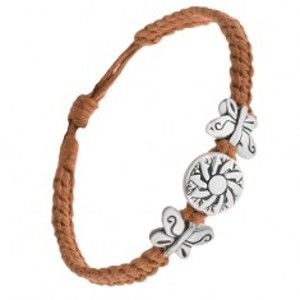 Šperky eshop - Náramok z hnedých šnúrok, okrúhla kovová známka s kvetom, motýle Q22.03