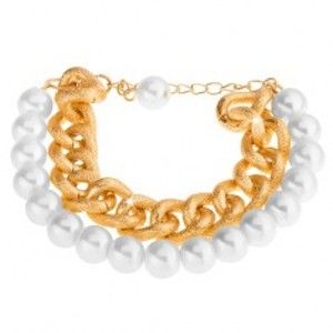 Šperky eshop - Náramok z korálok perleťovo bielej farby a masívnej retiazky v zlatom odtieni T1.6