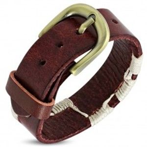 Šperky eshop - Náramok z kože - červený pás previazaný béžovými šnúrkami S10.04