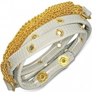 Šperky eshop - Náramok z kože - sivý pás s vybíjaním a retiazkami zlatej farby AB21.09
