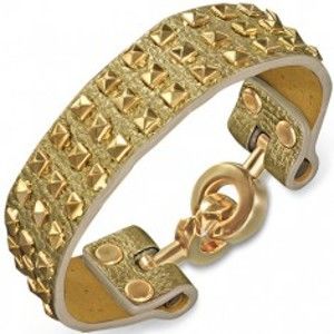Šperky eshop - Náramok z kože zlatej farby - s pyramídami a kruhovým zapínaním X37.16