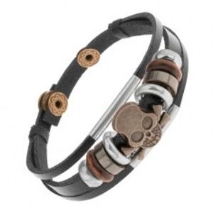 Šperky eshop - Náramok z kožených pásov s korálkami z kovu a dreva, lebka Y47.15