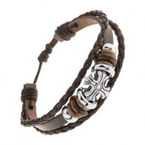 Šperky eshop - Náramok z troch pásov umelej kože, oceľové a drevené korálky, ľaliový kríž Y43.20